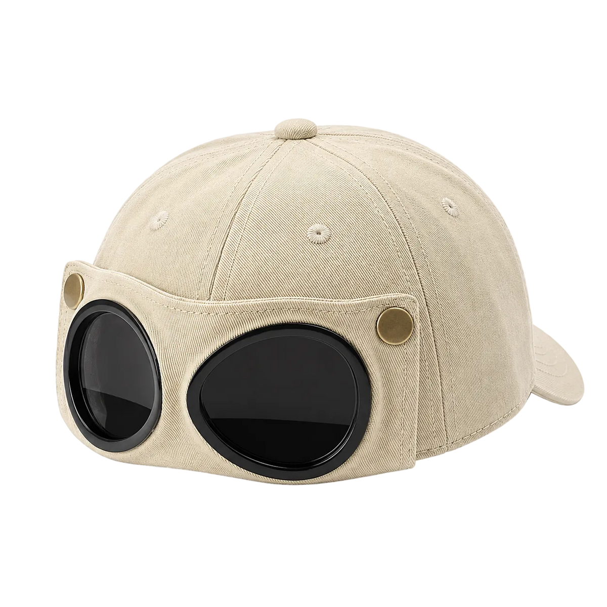 A beige baseball cap with a novelty front attachment featuring two large oval black sunglasses, shown on a transparent checkerboard background.
