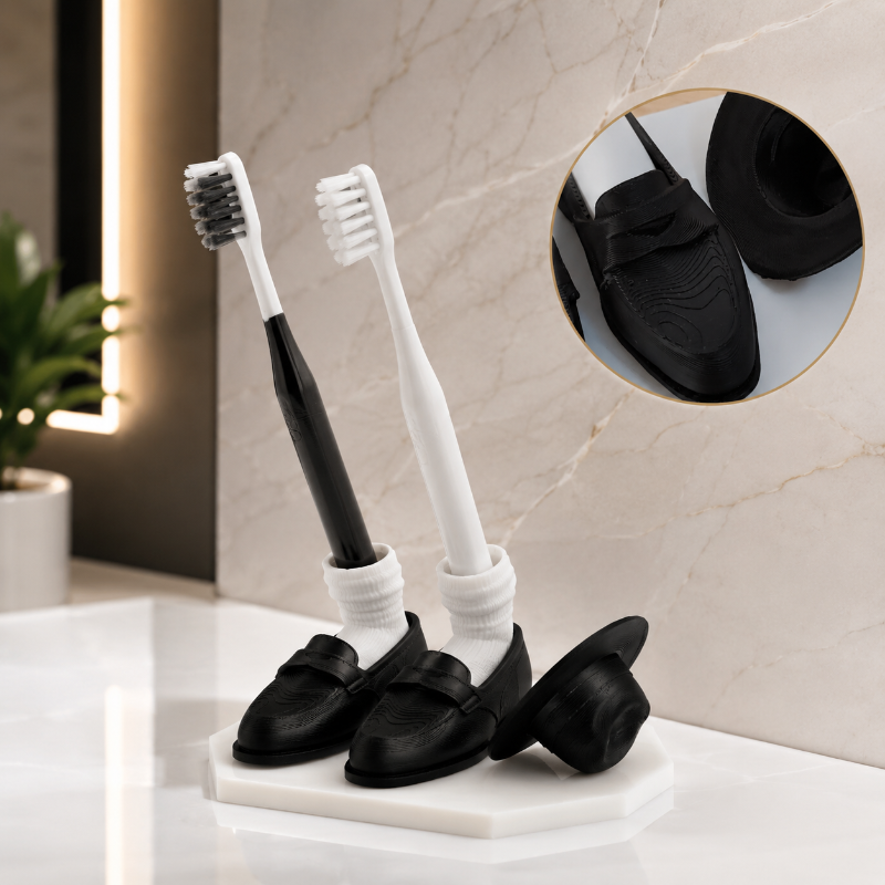 Two toothbrushes with black and white bristles, placed inside black loafers on a marble surface.