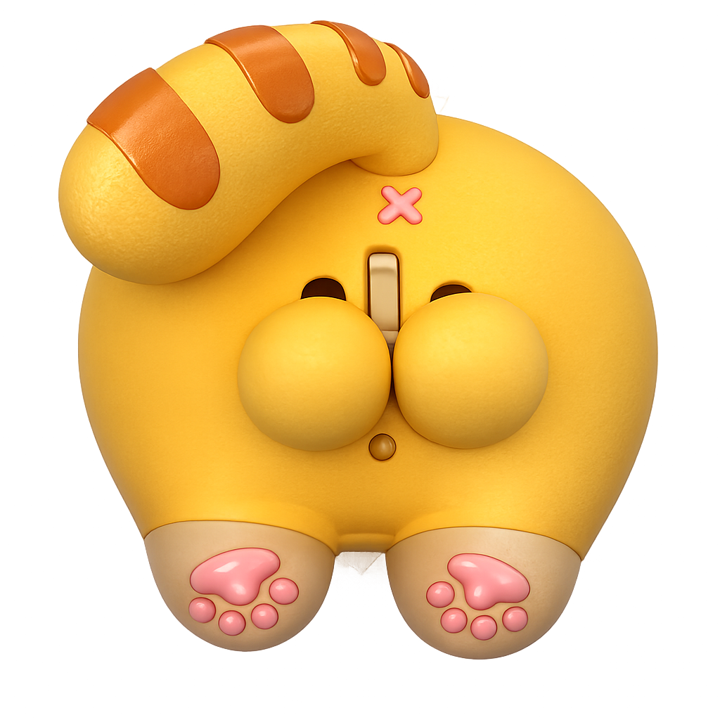 A yellow cat-shaped novelty product with orange tabby stripes on its tail, pink paw pads, and a small pink 'x' detail on its forehead, shown against a plain white background.