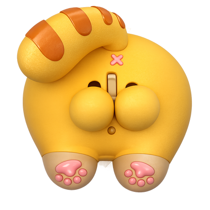 A yellow cat-shaped novelty product with orange tabby stripes on its tail, pink paw pads, and a small pink 'x' detail on its forehead, shown against a plain white background.