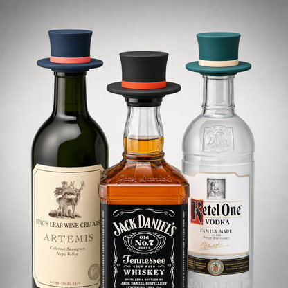 Three bottles of alcohol-free or non-alcoholic spirit substitutes styled with miniature top hats: a dark green bottle labeled Stag's Leap Wine Cellars Artemis, a clear bottle labeled Ket One Vodka, and a brown whiskey bottle labeled Jack Daniel's Tennessee Whiskey.