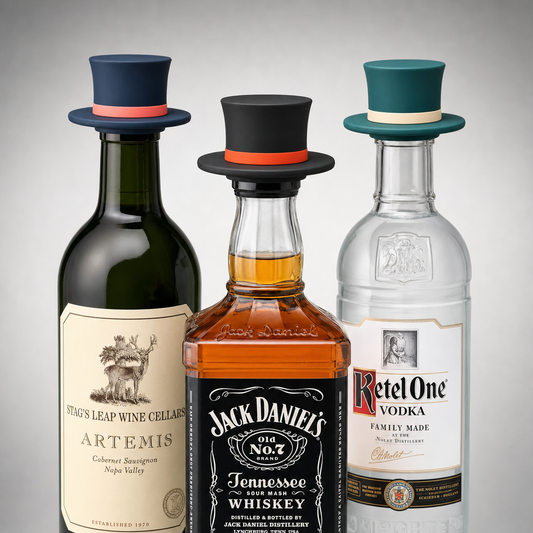 Three bottles of alcohol-free or non-alcoholic spirit substitutes styled with miniature top hats: a dark green bottle labeled Stag's Leap Wine Cellars Artemis, a clear bottle labeled Ket One Vodka, and a brown whiskey bottle labeled Jack Daniel's Tennessee Whiskey.