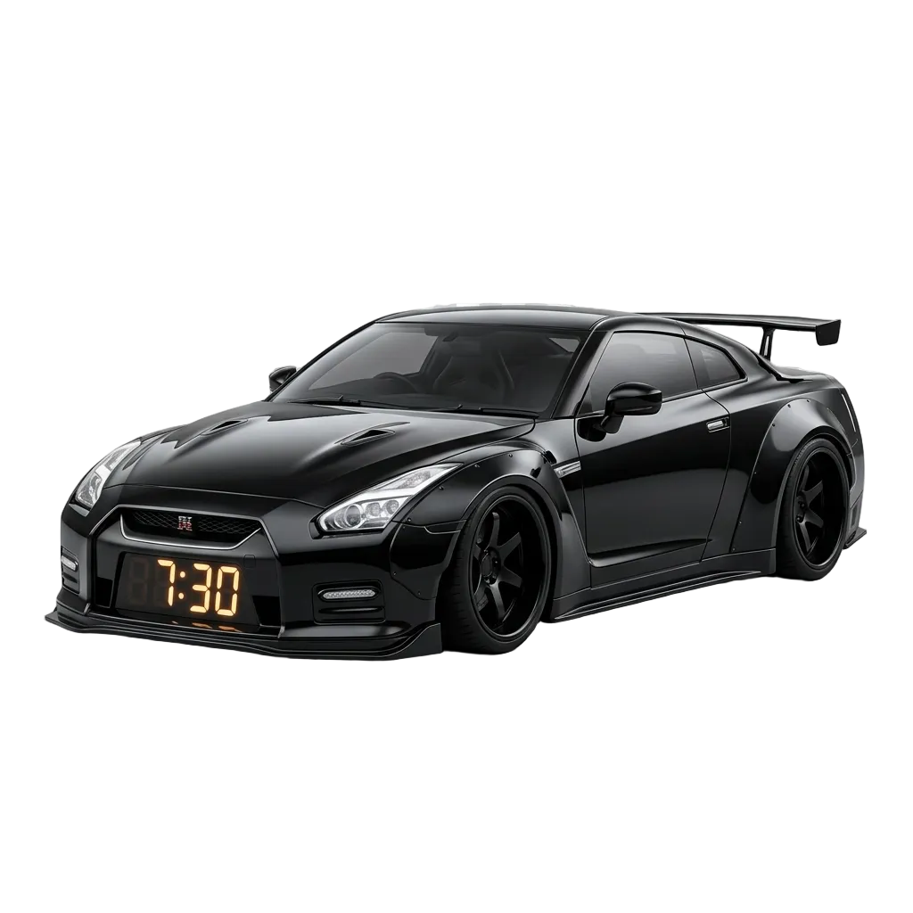 Black sports car with digital clock display on a white background