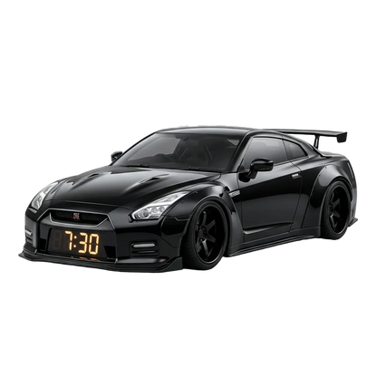Black sports car with digital clock display on a white background