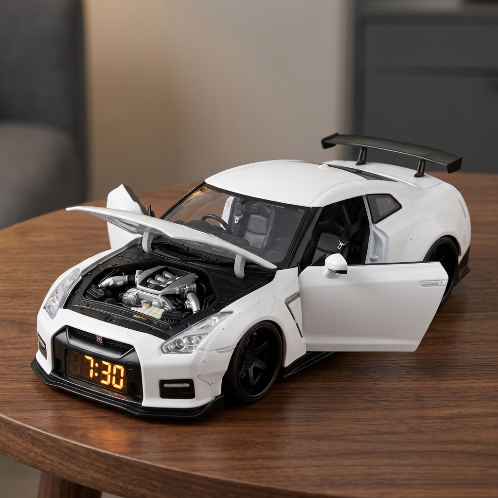 White toy car with open door and hood on a wooden surface