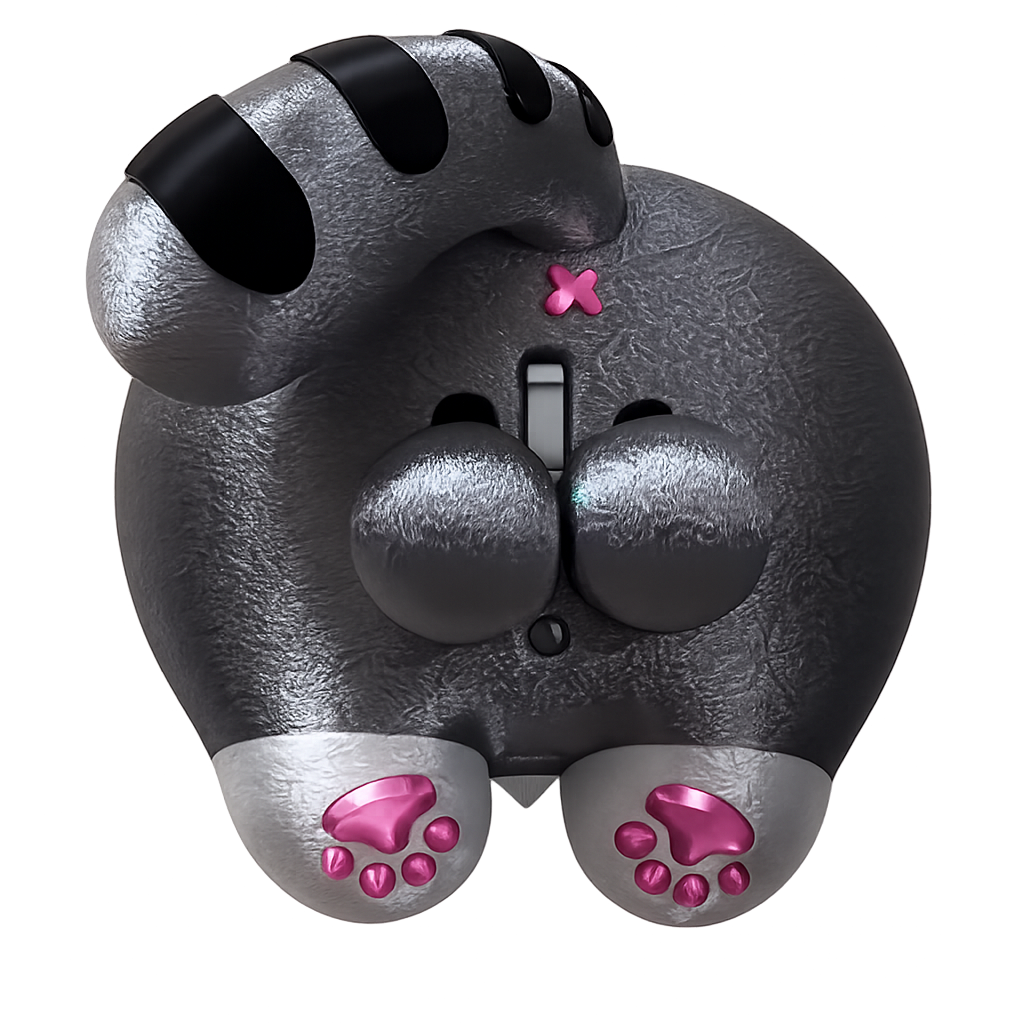 A stylized gray plush or toy character shown from the back, with black ear-like loops, a small pink bow, and pink paw-print accents on metallic gray paws, isolated on a white background.