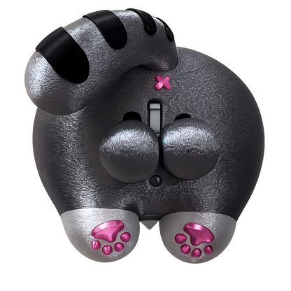 A stylized gray plush or toy character shown from the back, with black ear-like loops, a small pink bow, and pink paw-print accents on metallic gray paws, isolated on a white background.